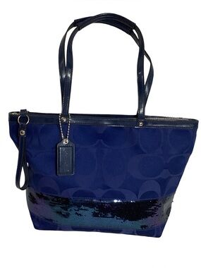 COACH Navy Blue Sequin Signature Medium Tote Bag F17574 EUC